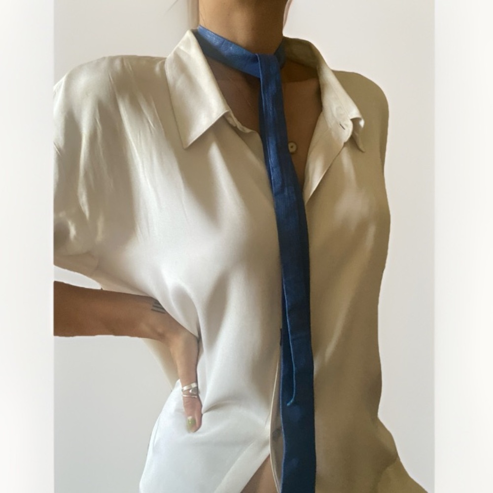 Vintage Bright Blue Textured Leather Skinny Tie Unisex